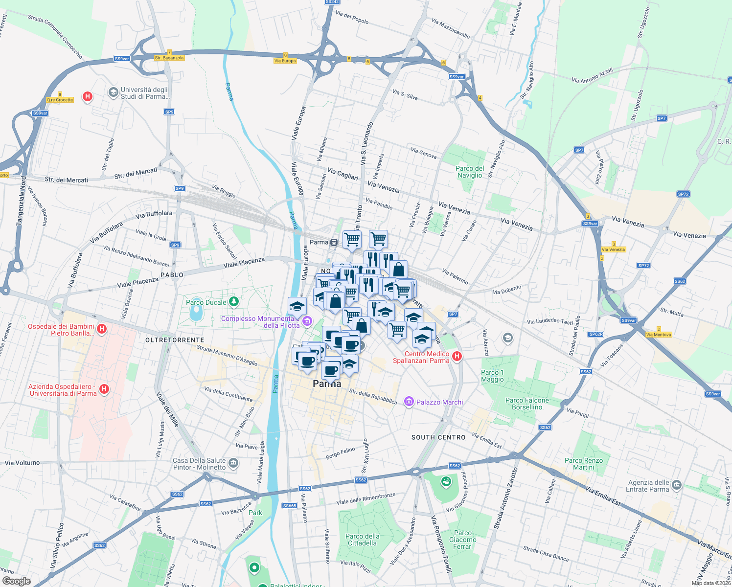 map of restaurants, bars, coffee shops, grocery stores, and more near 47 Strada XX Settembre in Parma