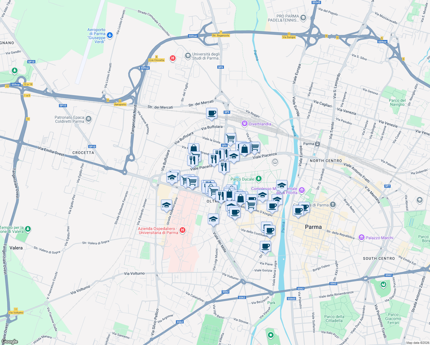 map of restaurants, bars, coffee shops, grocery stores, and more near 2-6 Via Pietro Martini in Parma