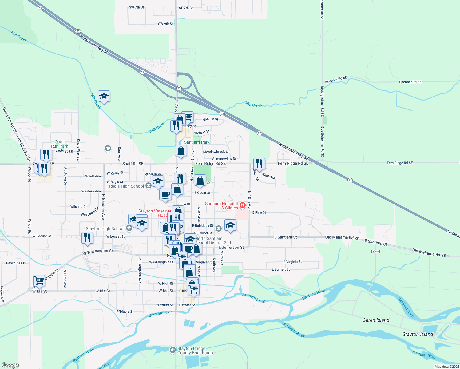map of restaurants, bars, coffee shops, grocery stores, and more near 1640 Rocky Top Court in Stayton