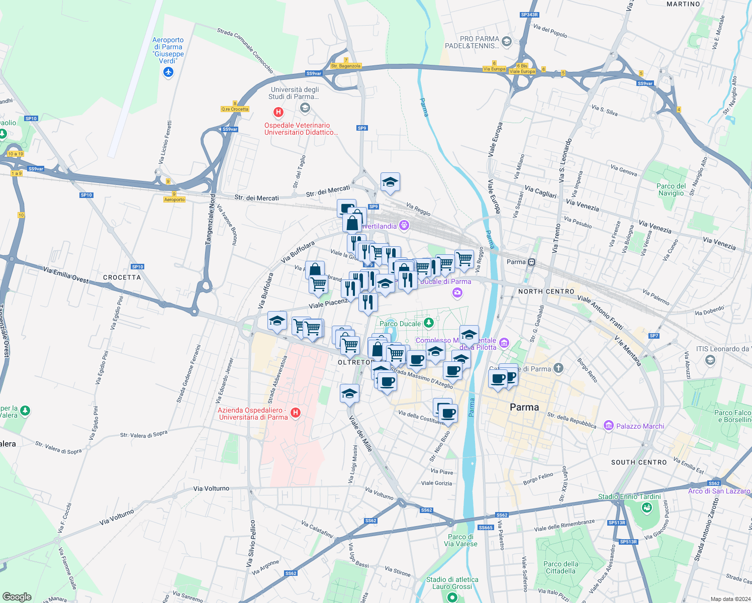 map of restaurants, bars, coffee shops, grocery stores, and more near Via Giacomo Trombara in Parma