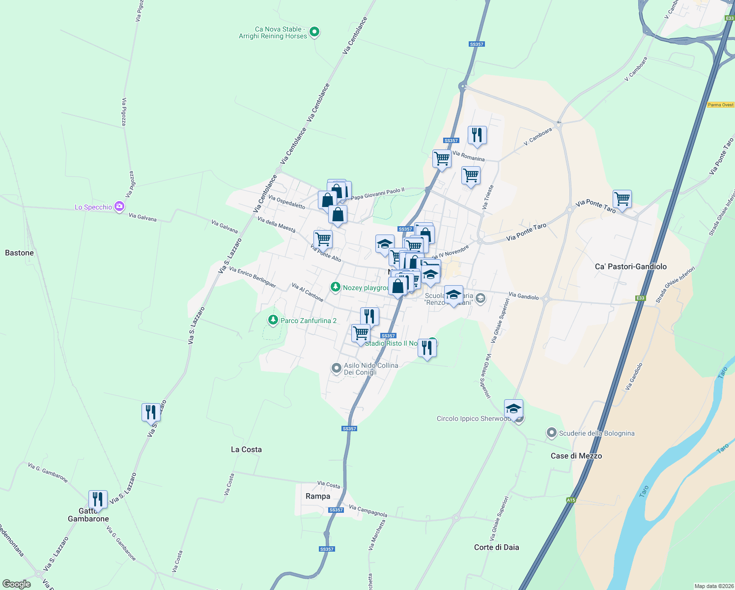map of restaurants, bars, coffee shops, grocery stores, and more near 2 Via Gioacchino Rossini in Noceto