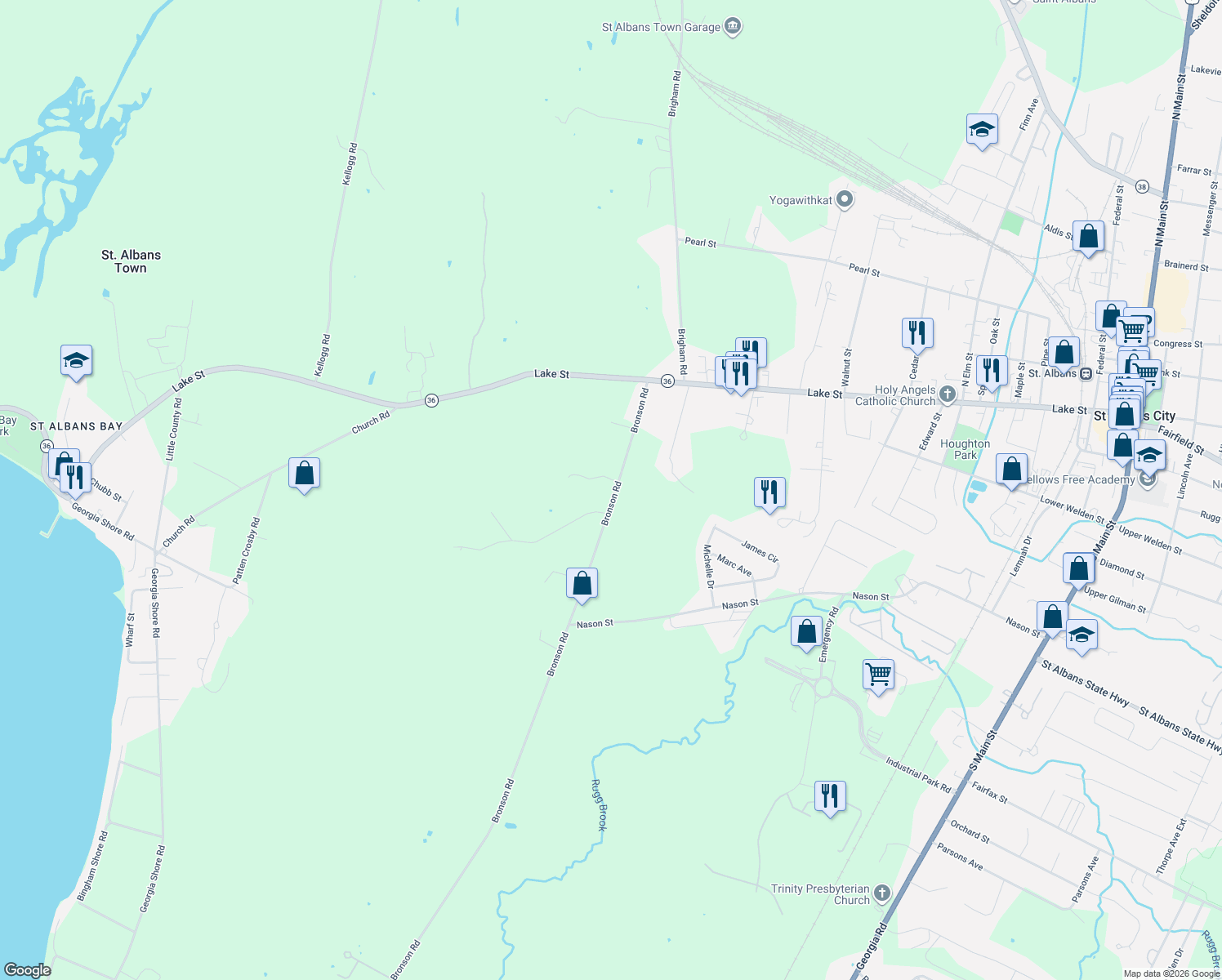 map of restaurants, bars, coffee shops, grocery stores, and more near 2291 Bronson Road in Saint Albans City