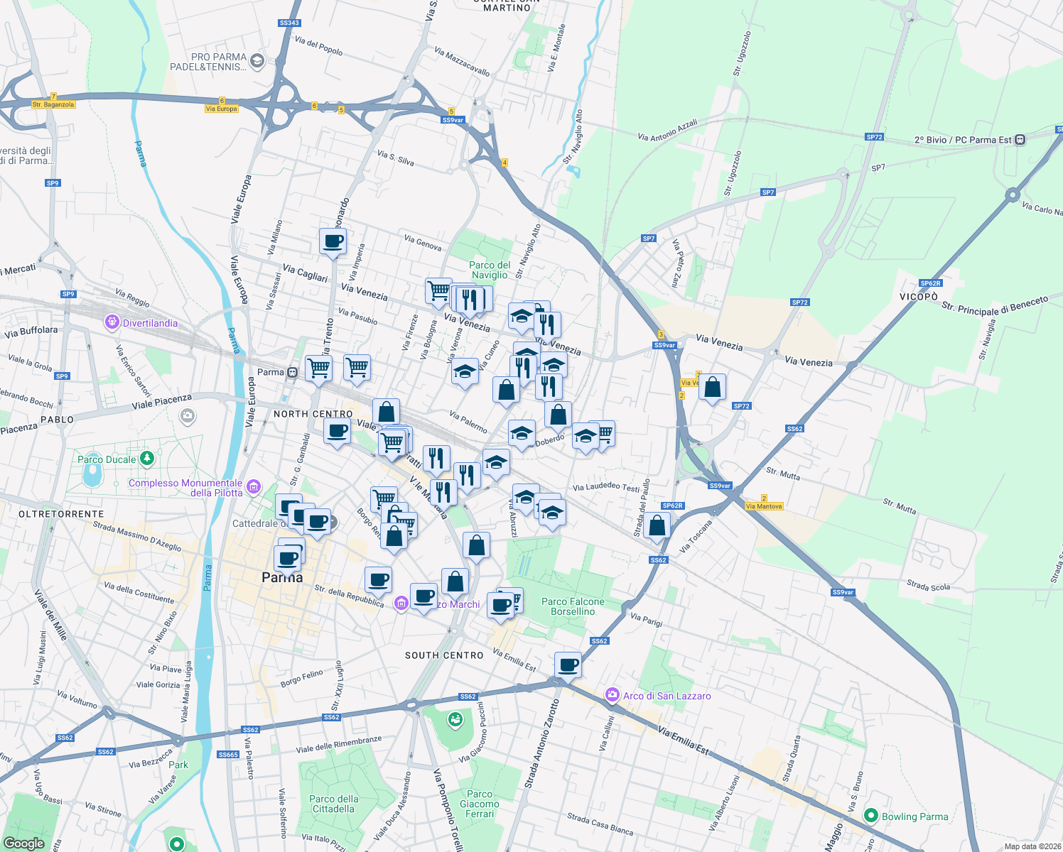 map of restaurants, bars, coffee shops, grocery stores, and more near 13 Via Francesco Lasagna in Parma