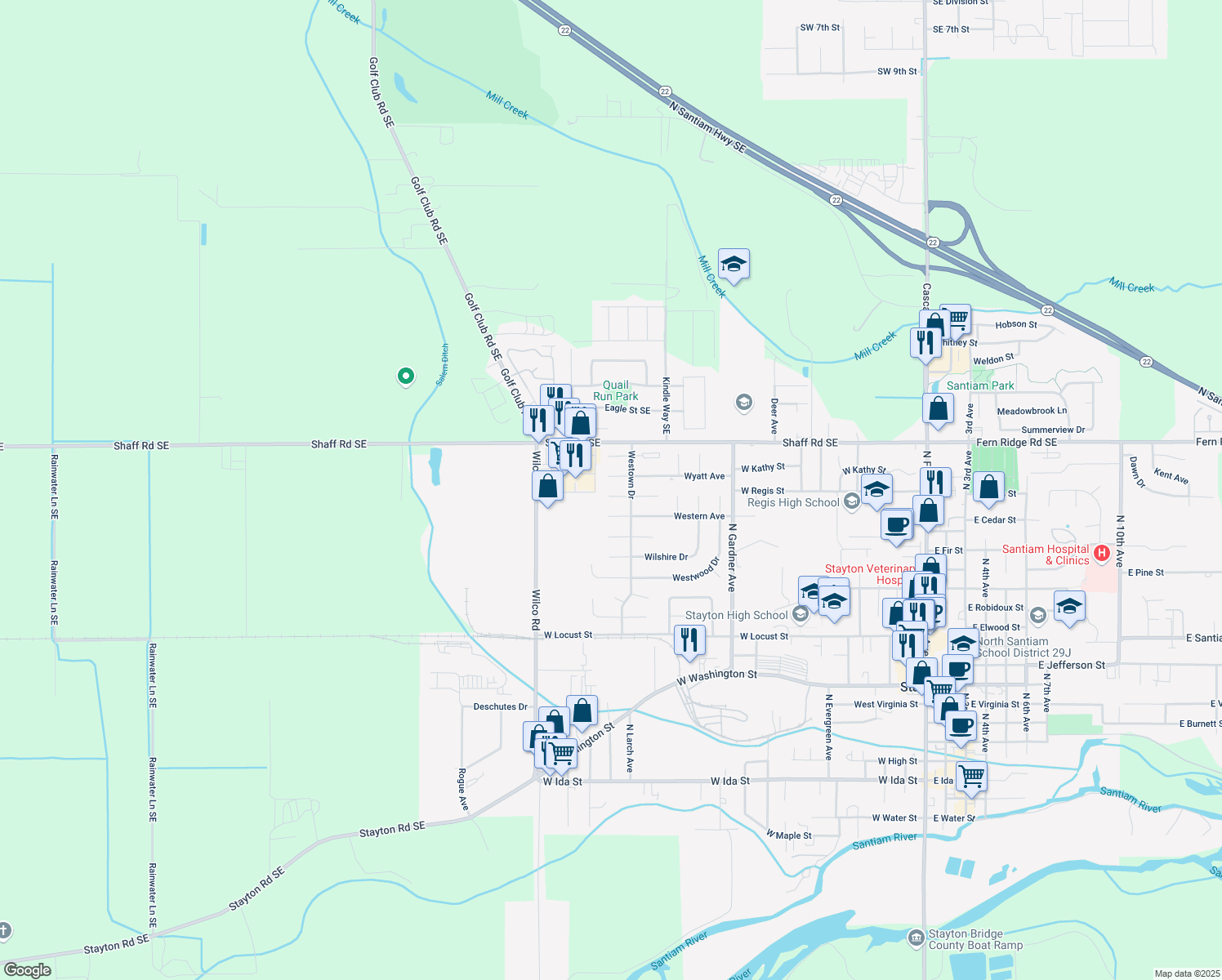 map of restaurants, bars, coffee shops, grocery stores, and more near 1537 Westfield Place in Stayton