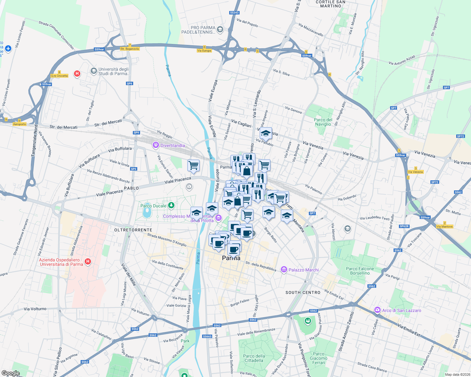map of restaurants, bars, coffee shops, grocery stores, and more near 7A Via Albertelli Guido e Pilo in Parma