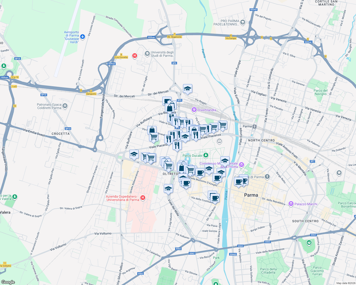 map of restaurants, bars, coffee shops, grocery stores, and more near Via Giacomo Trombara in Parma
