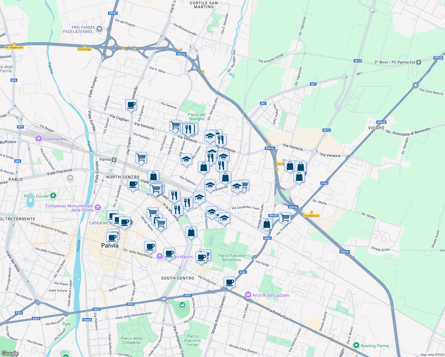 map of restaurants, bars, coffee shops, grocery stores, and more near 13 Via Francesco Lasagna in Parma