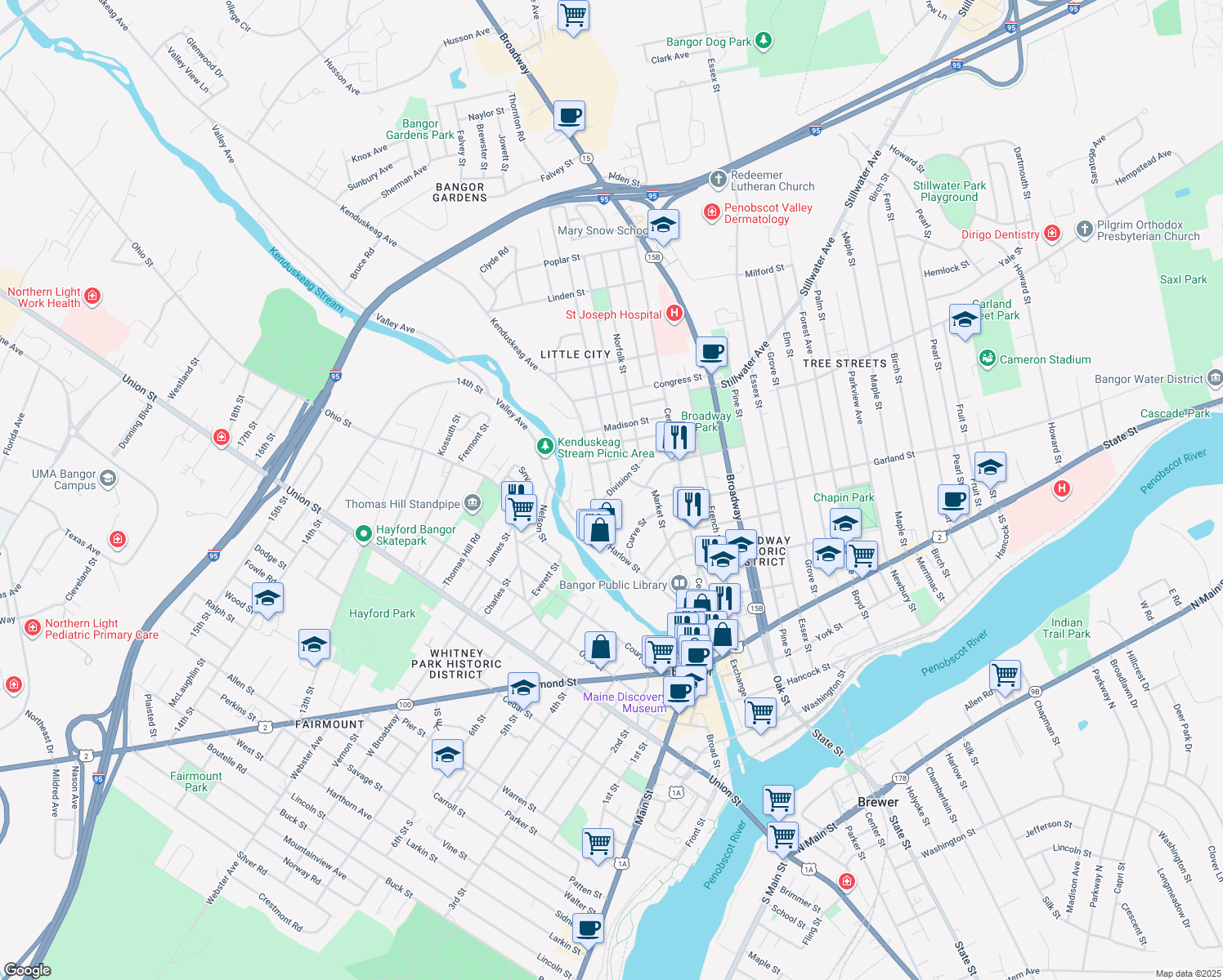 map of restaurants, bars, coffee shops, grocery stores, and more near 21 Division St in Bangor