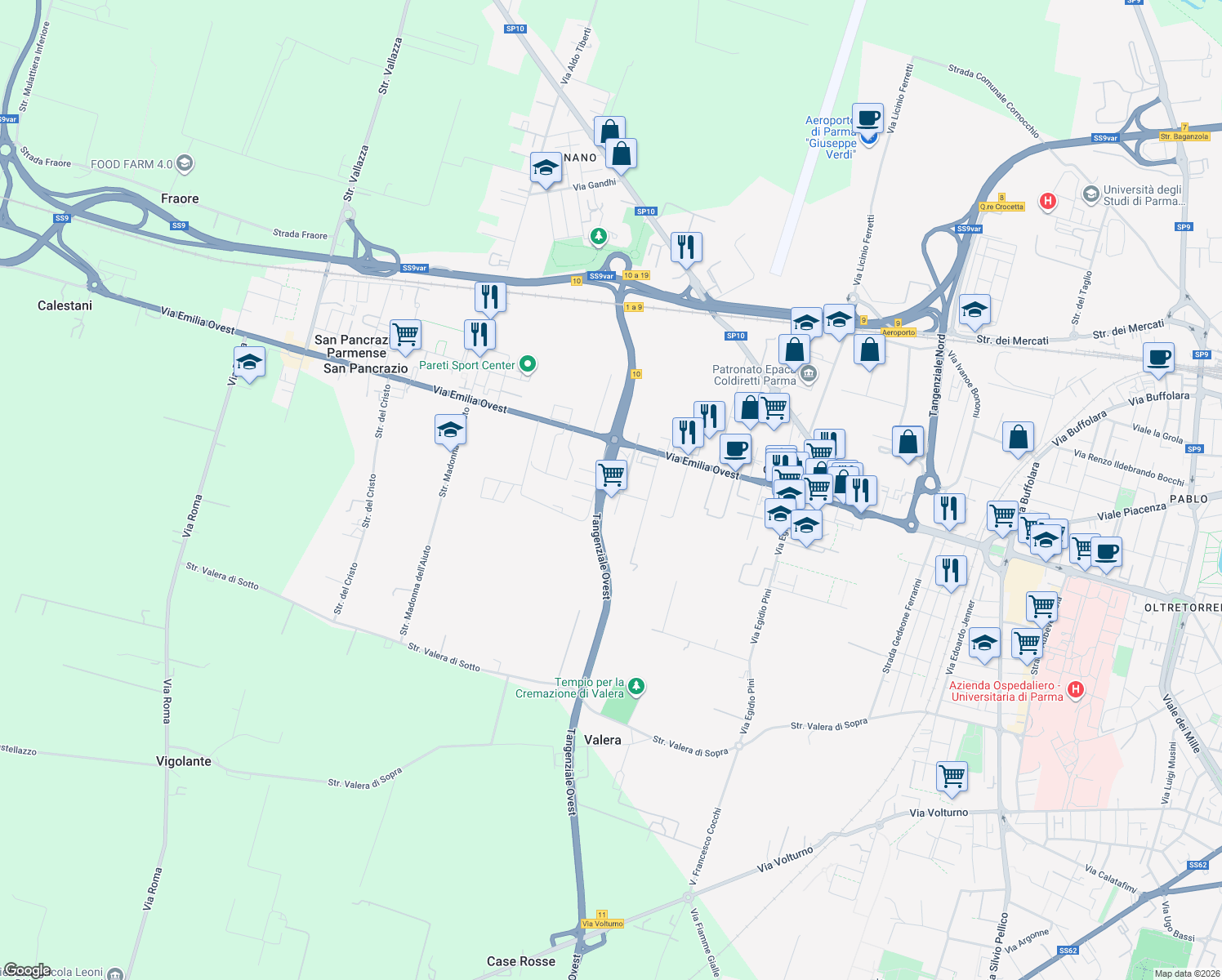 map of restaurants, bars, coffee shops, grocery stores, and more near 3 Largo 24 Agosto 1942 in Provincia di Parma