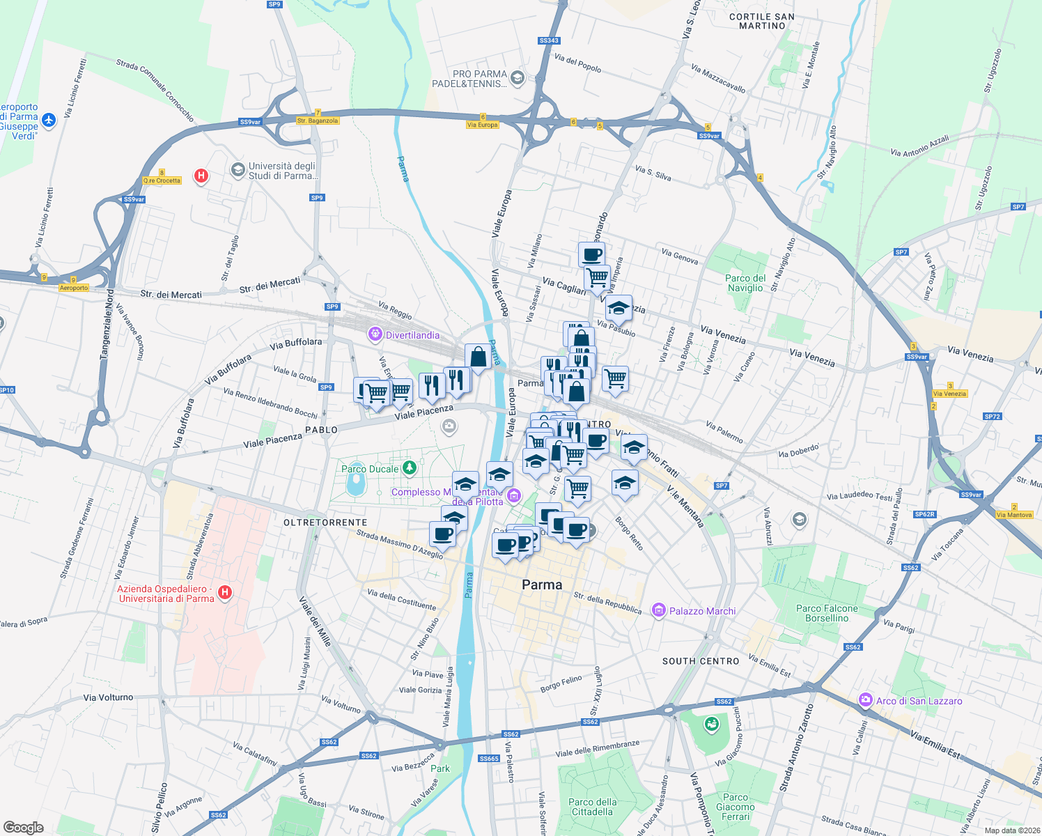 map of restaurants, bars, coffee shops, grocery stores, and more near 9 Via Antonio Cecchi in Parma