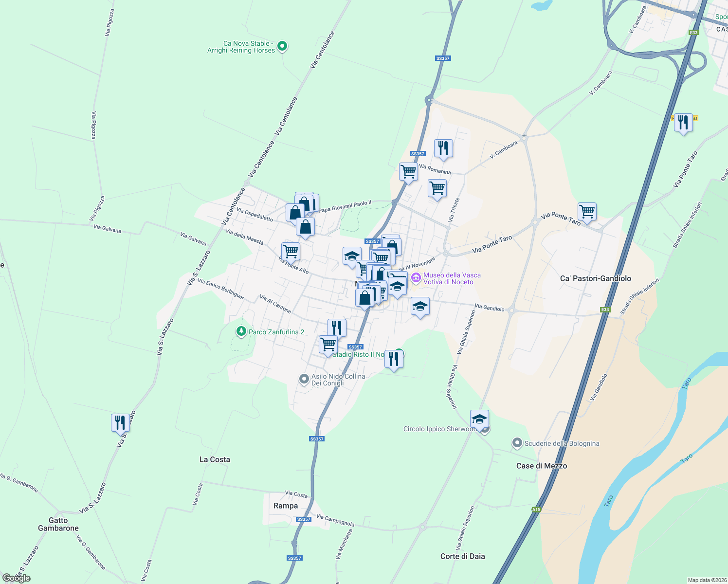 map of restaurants, bars, coffee shops, grocery stores, and more near 12 Via Giacomo Matteotti in Noceto
