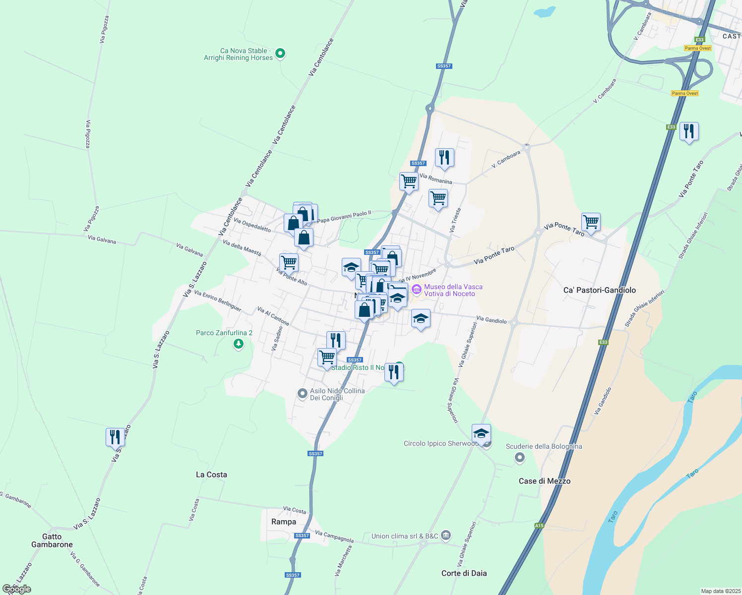 map of restaurants, bars, coffee shops, grocery stores, and more near 12 Via Giacomo Matteotti in Noceto