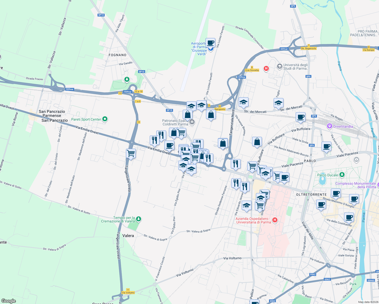 map of restaurants, bars, coffee shops, grocery stores, and more near 1 Via T Mamiani della Rovere in Parma