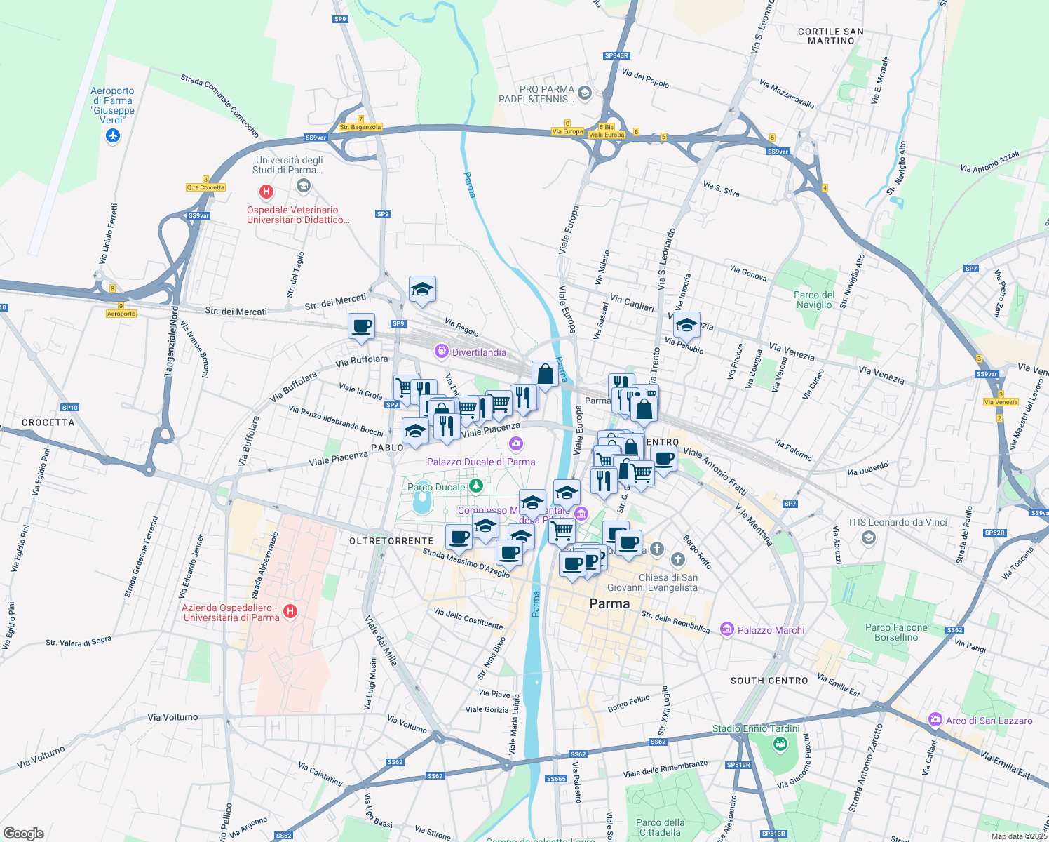 map of restaurants, bars, coffee shops, grocery stores, and more near 15 Via Cremona in Parma