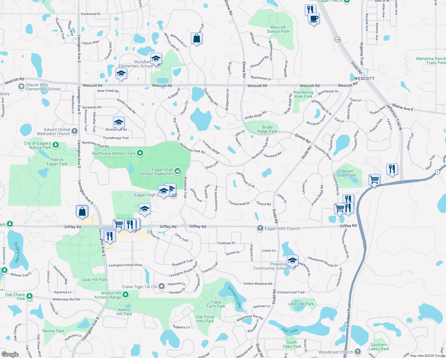 map of restaurants, bars, coffee shops, grocery stores, and more near 4024 Camberwell Drive North in Eagan