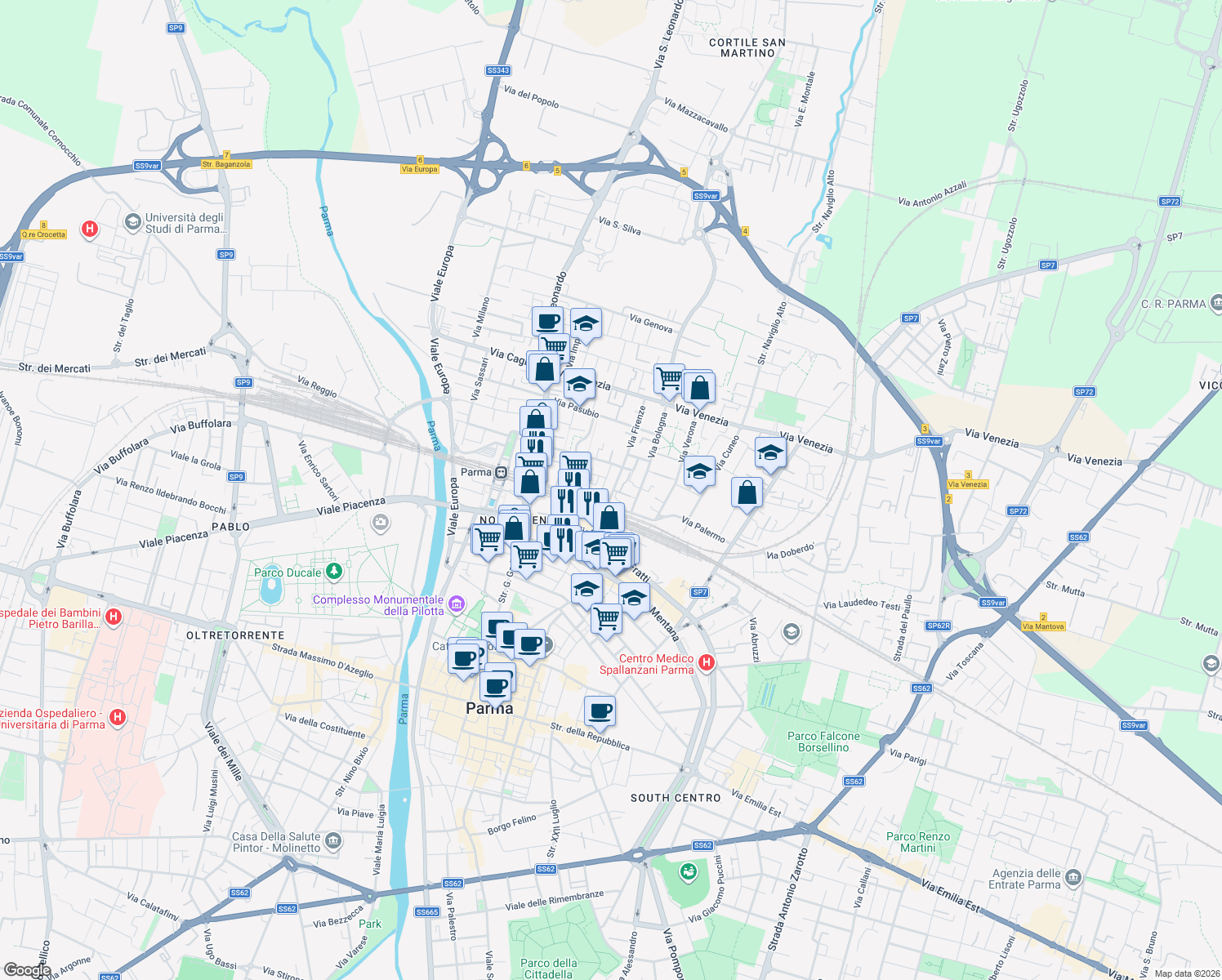 map of restaurants, bars, coffee shops, grocery stores, and more near 5/A Via G. Chiesi in Parma