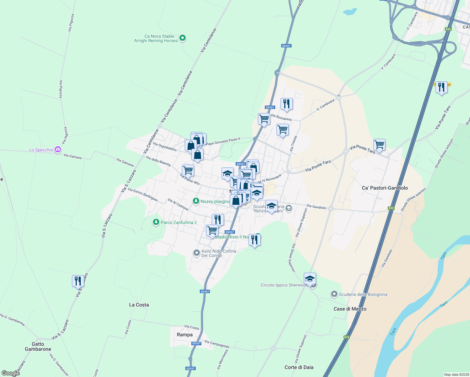 map of restaurants, bars, coffee shops, grocery stores, and more near 12 Via Giacomo Matteotti in Noceto