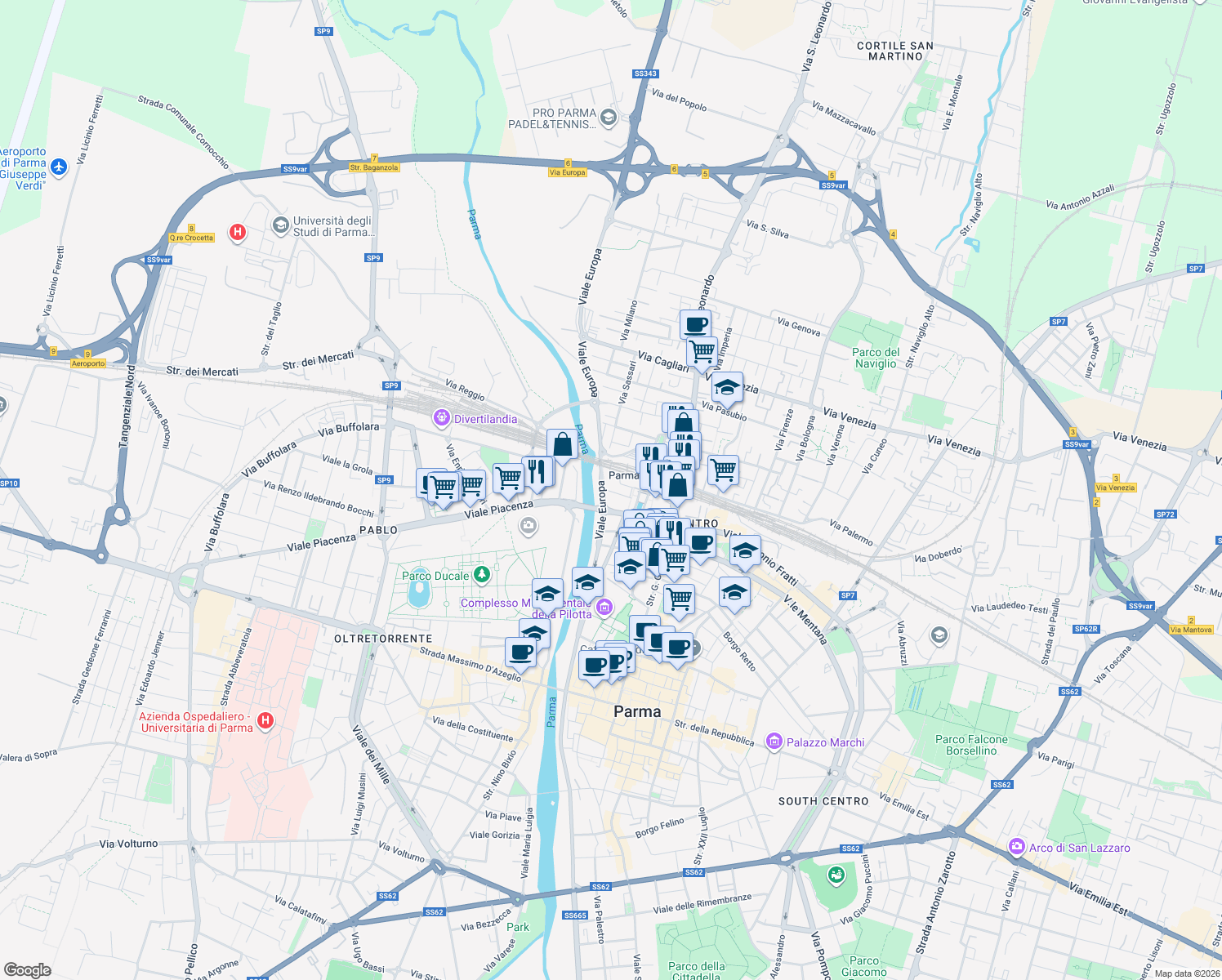 map of restaurants, bars, coffee shops, grocery stores, and more near 9 Via Antonio Cecchi in Parma