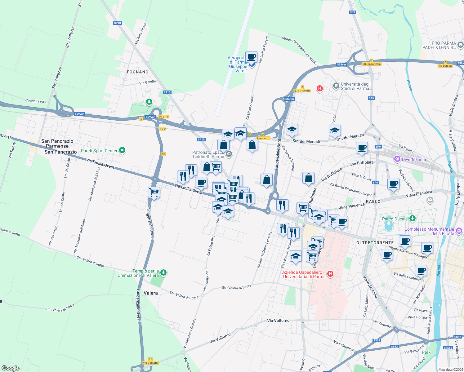 map of restaurants, bars, coffee shops, grocery stores, and more near 1 Via T Mamiani della Rovere in Parma