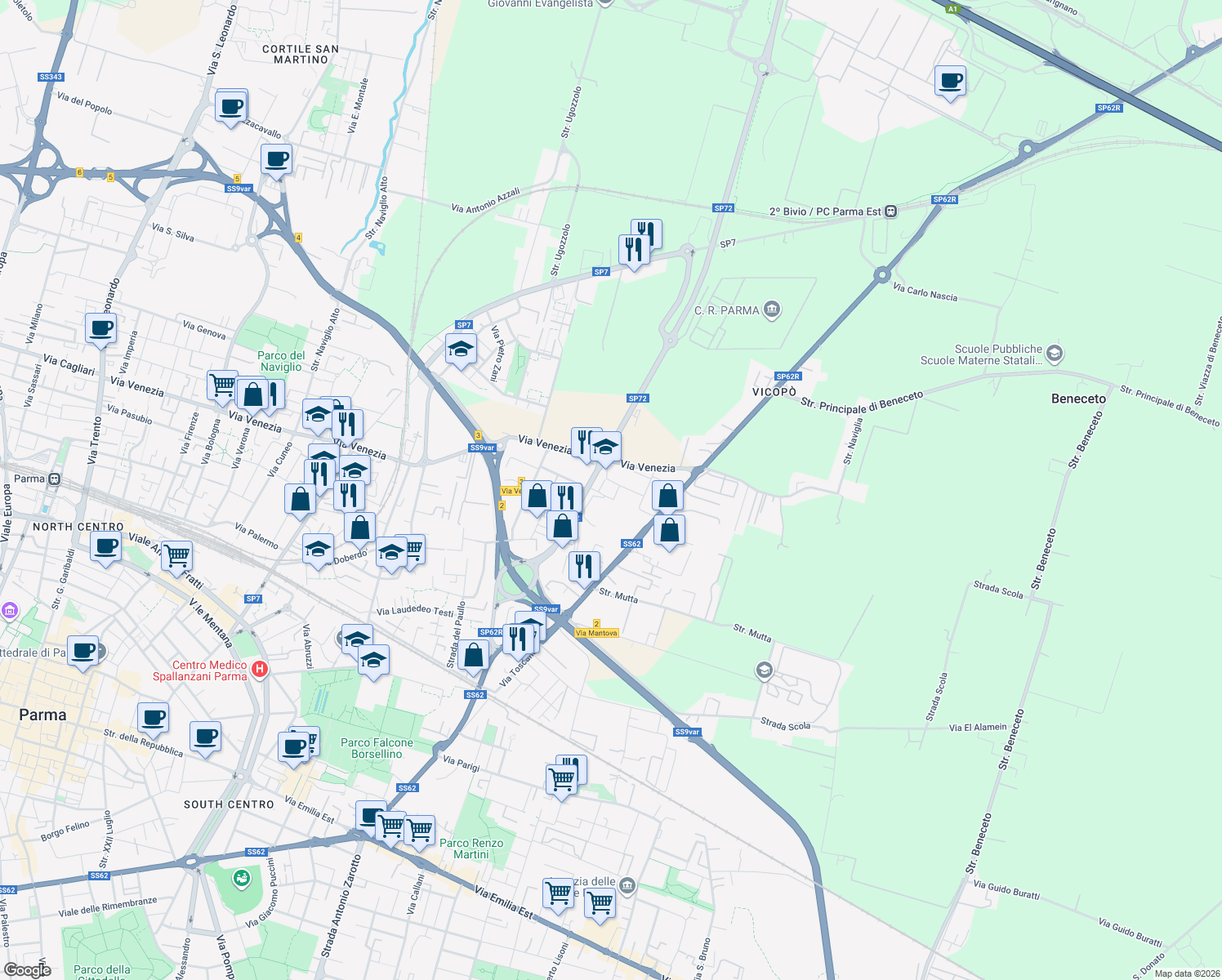 map of restaurants, bars, coffee shops, grocery stores, and more near 10 Via Mario Fantelli in Parma