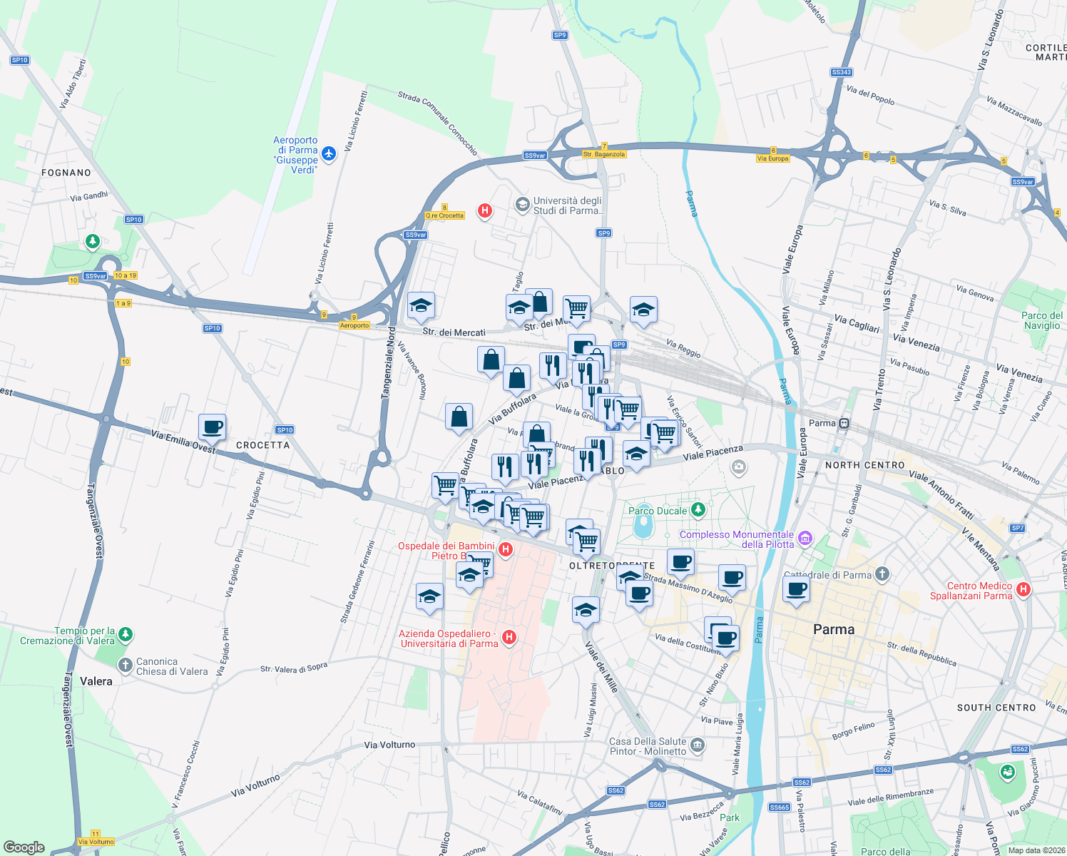 map of restaurants, bars, coffee shops, grocery stores, and more near 6 Via Bruno Bucci in Parma