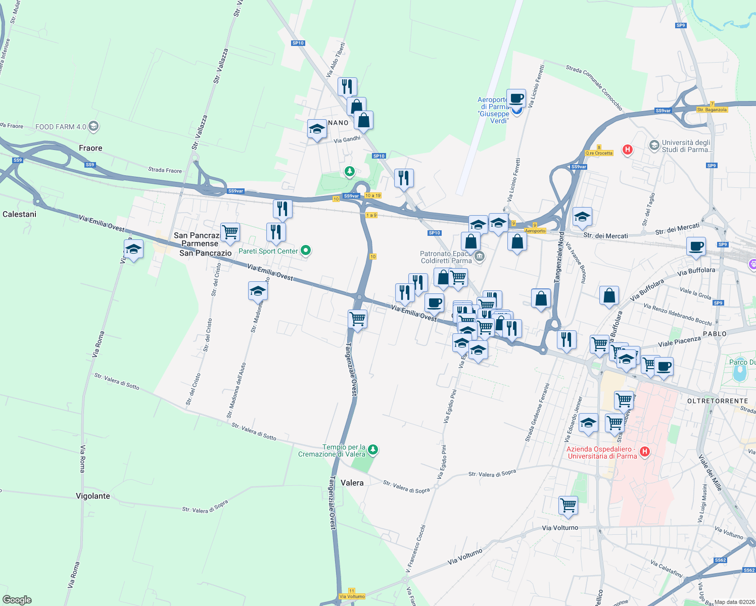 map of restaurants, bars, coffee shops, grocery stores, and more near 3 Largo 24 Agosto 1942 in Provincia di Parma