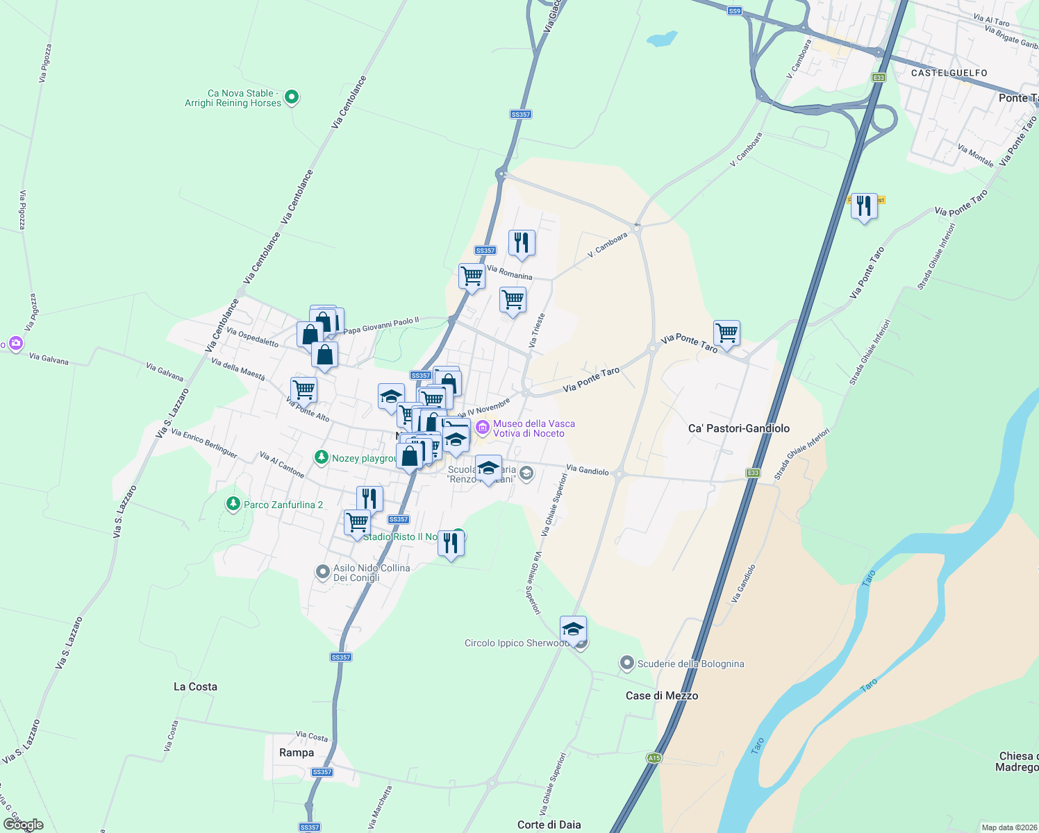 map of restaurants, bars, coffee shops, grocery stores, and more near 1 Piazzale 11 Settembre 2001 in Noceto