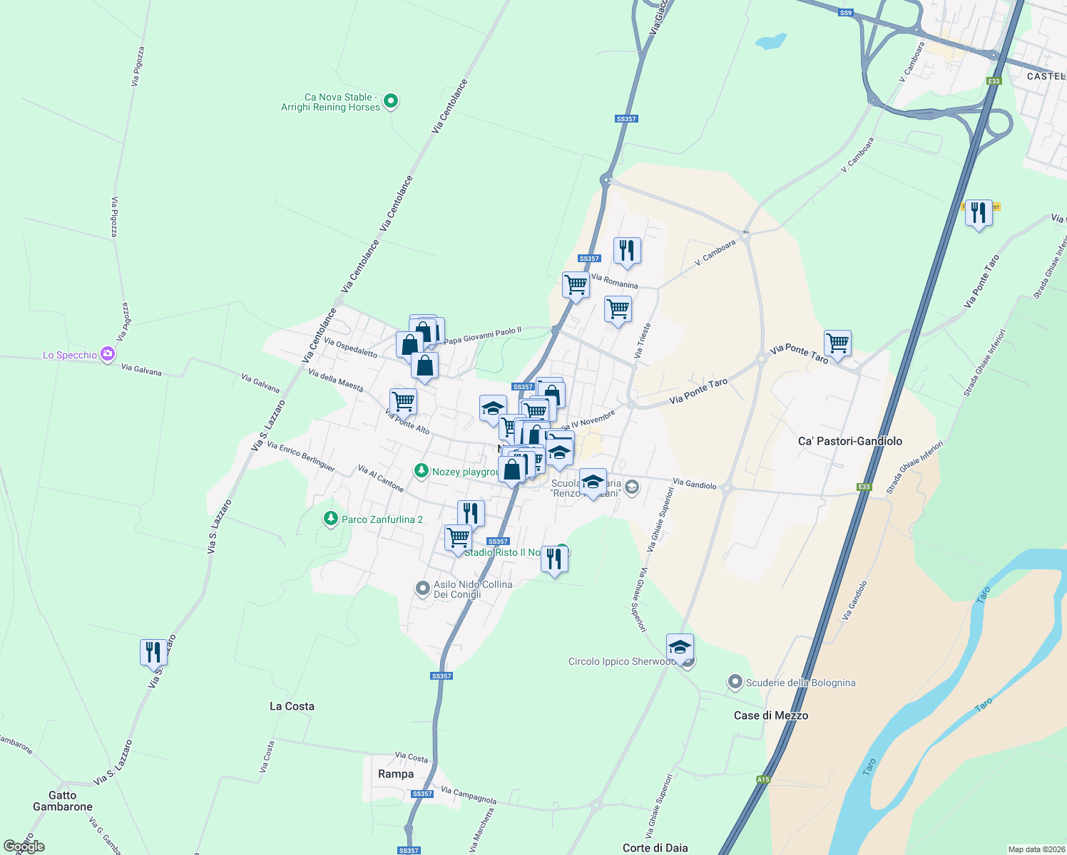 map of restaurants, bars, coffee shops, grocery stores, and more near 23 Via Caduti per la Libertà in Noceto