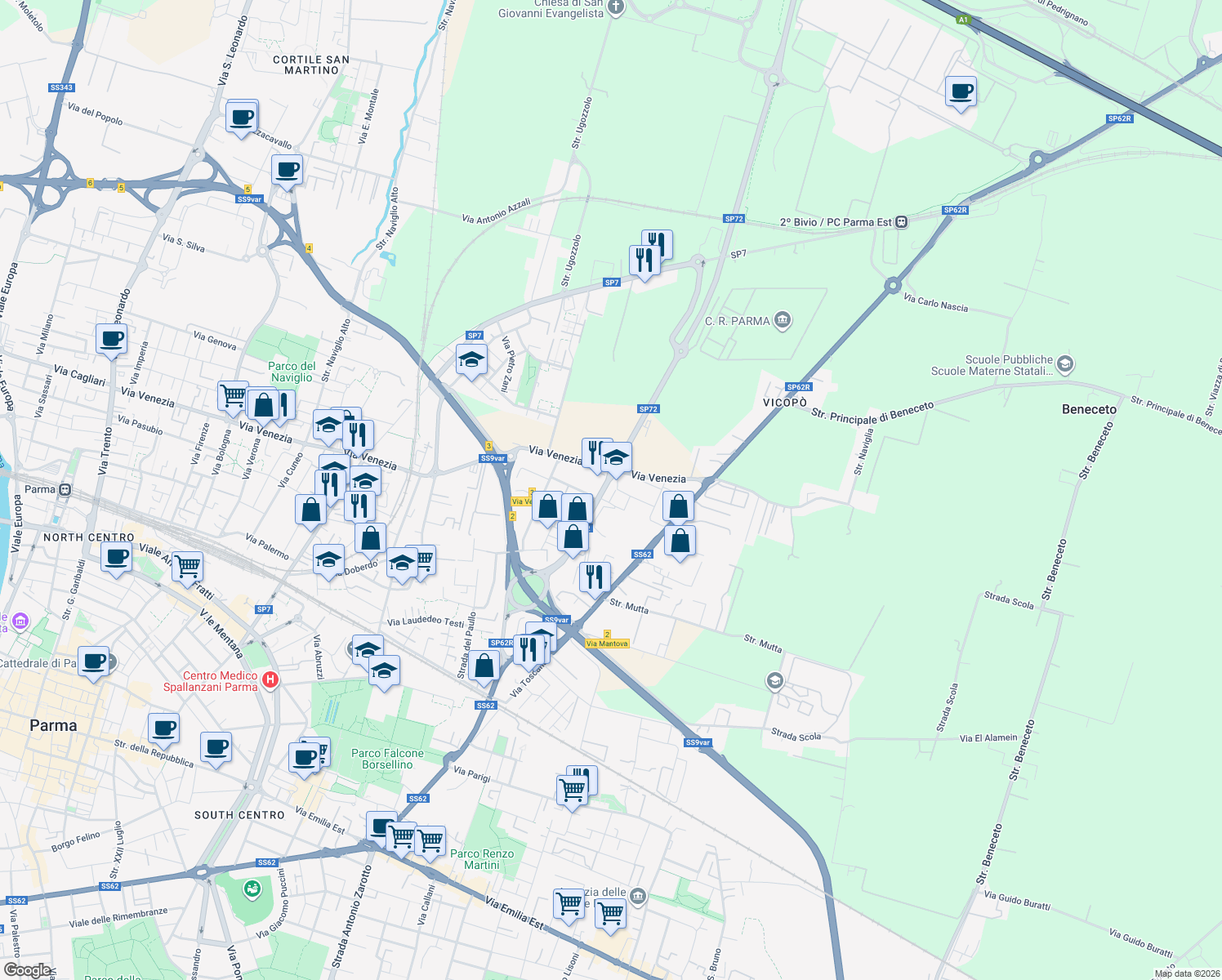 map of restaurants, bars, coffee shops, grocery stores, and more near 10 Via Mario Fantelli in Parma