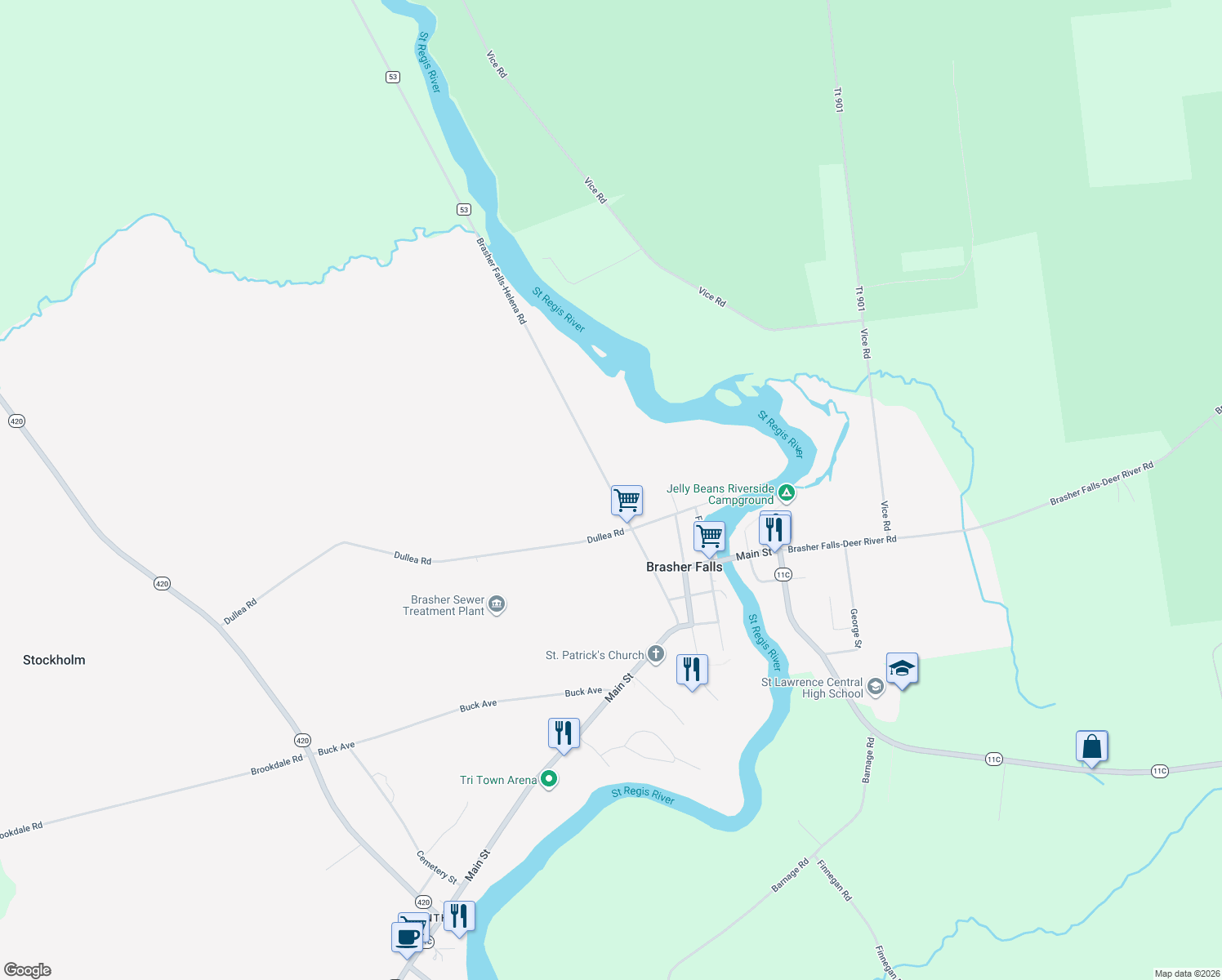 map of restaurants, bars, coffee shops, grocery stores, and more near 227 Brasher Falls-Helena Road in Brasher Falls