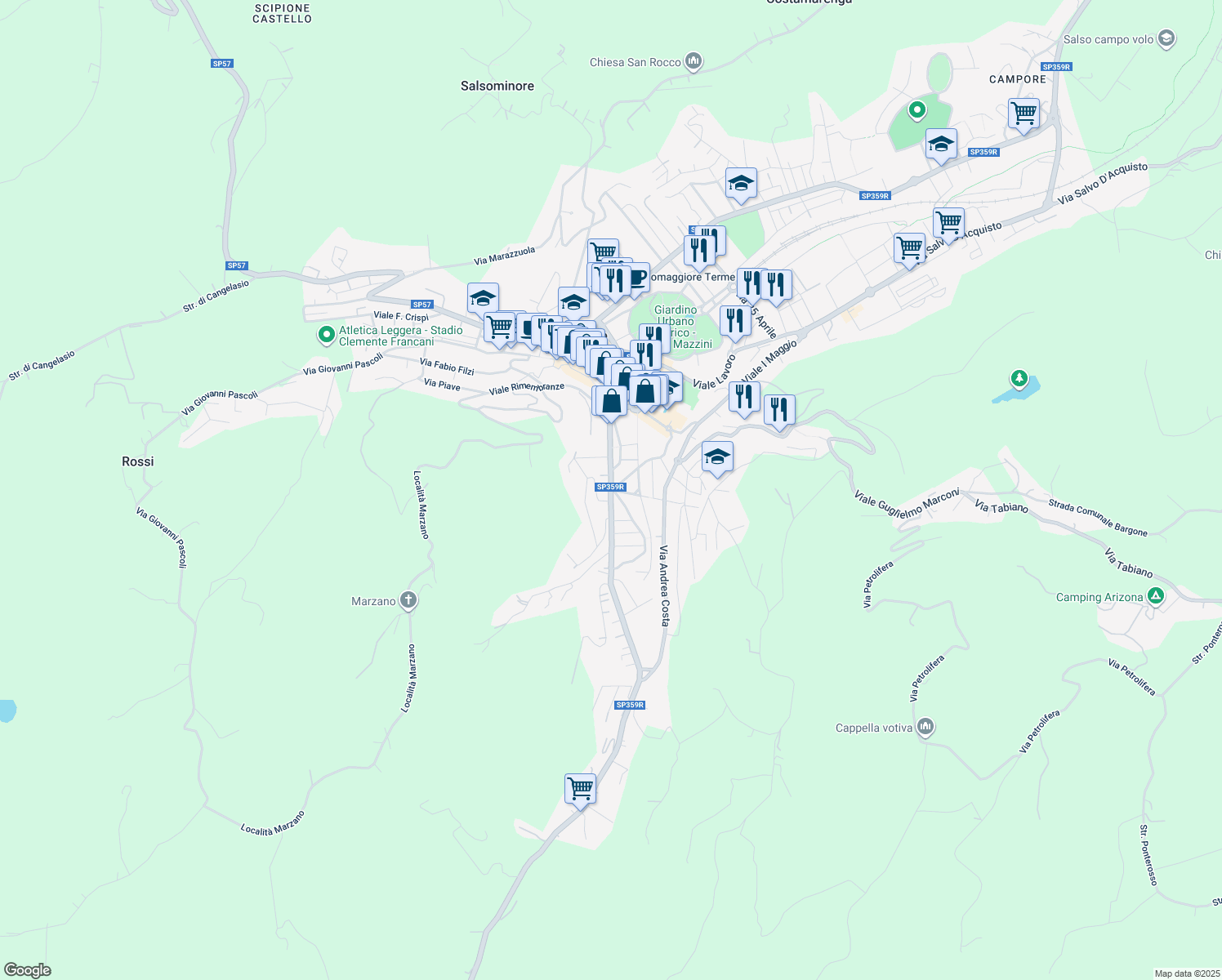 map of restaurants, bars, coffee shops, grocery stores, and more near 40 Via Milano in Salsomaggiore Terme