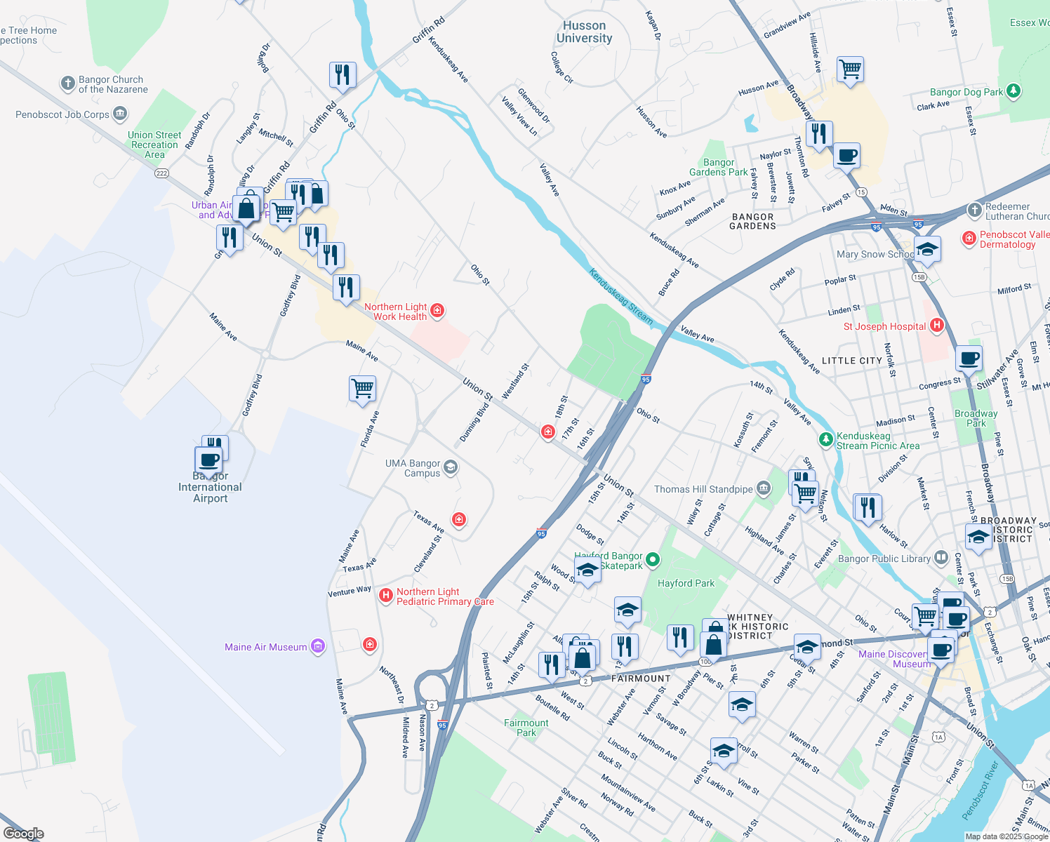 map of restaurants, bars, coffee shops, grocery stores, and more near 759 Union St in Bangor