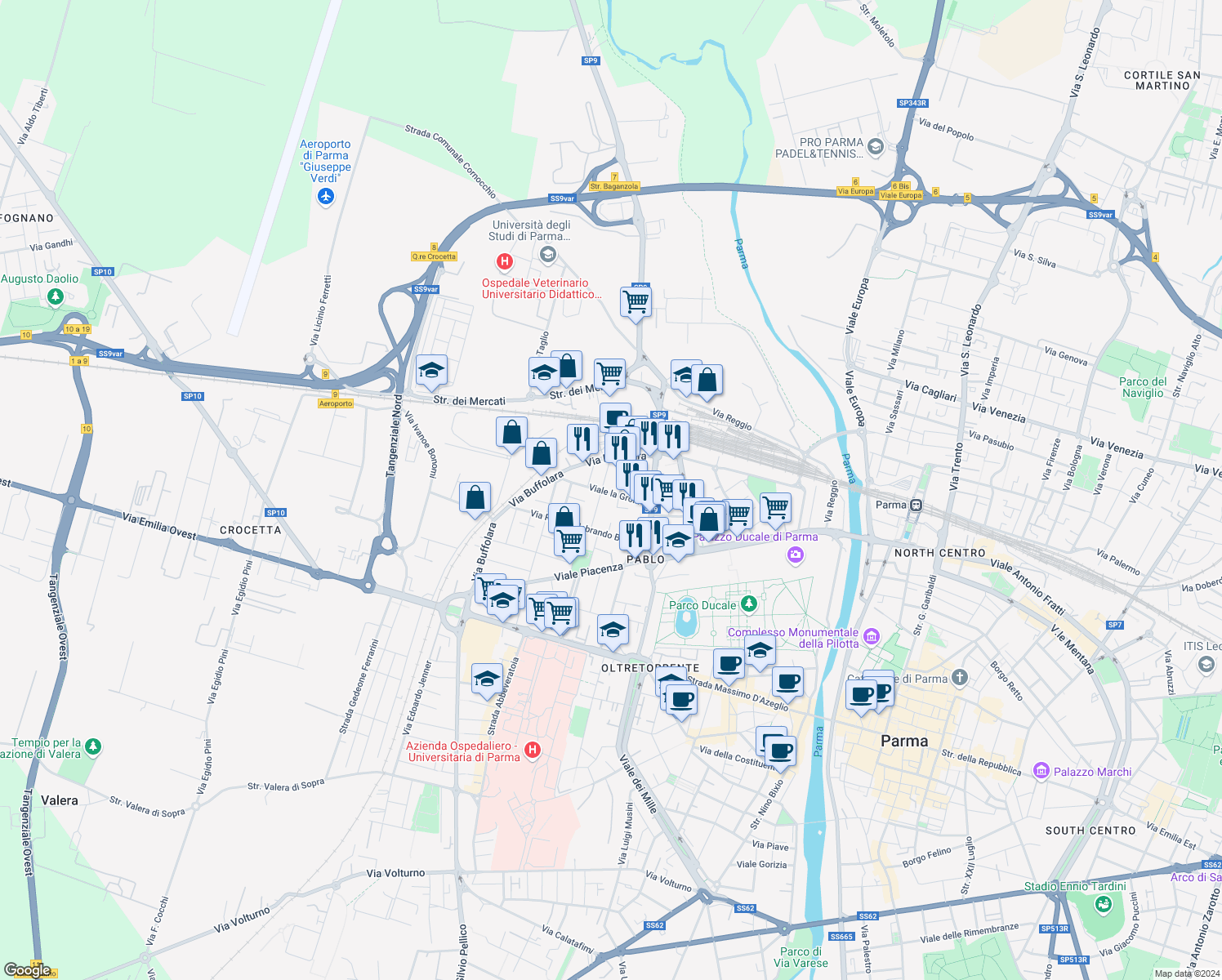map of restaurants, bars, coffee shops, grocery stores, and more near 59 Viale la Grola in Parma