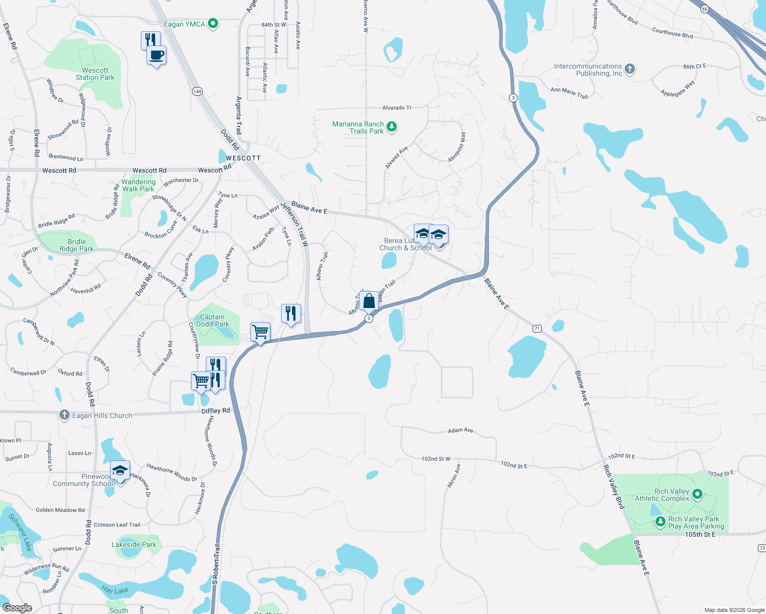 map of restaurants, bars, coffee shops, grocery stores, and more near 9601 Aladin Trail in Inver Grove Heights