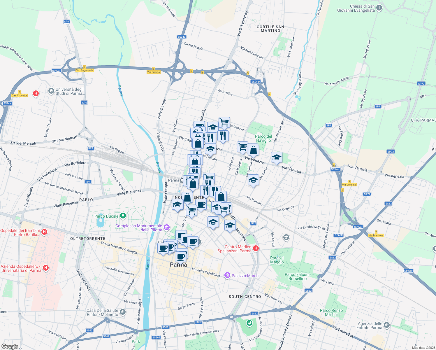 map of restaurants, bars, coffee shops, grocery stores, and more near 12 Via Brescia in Parma