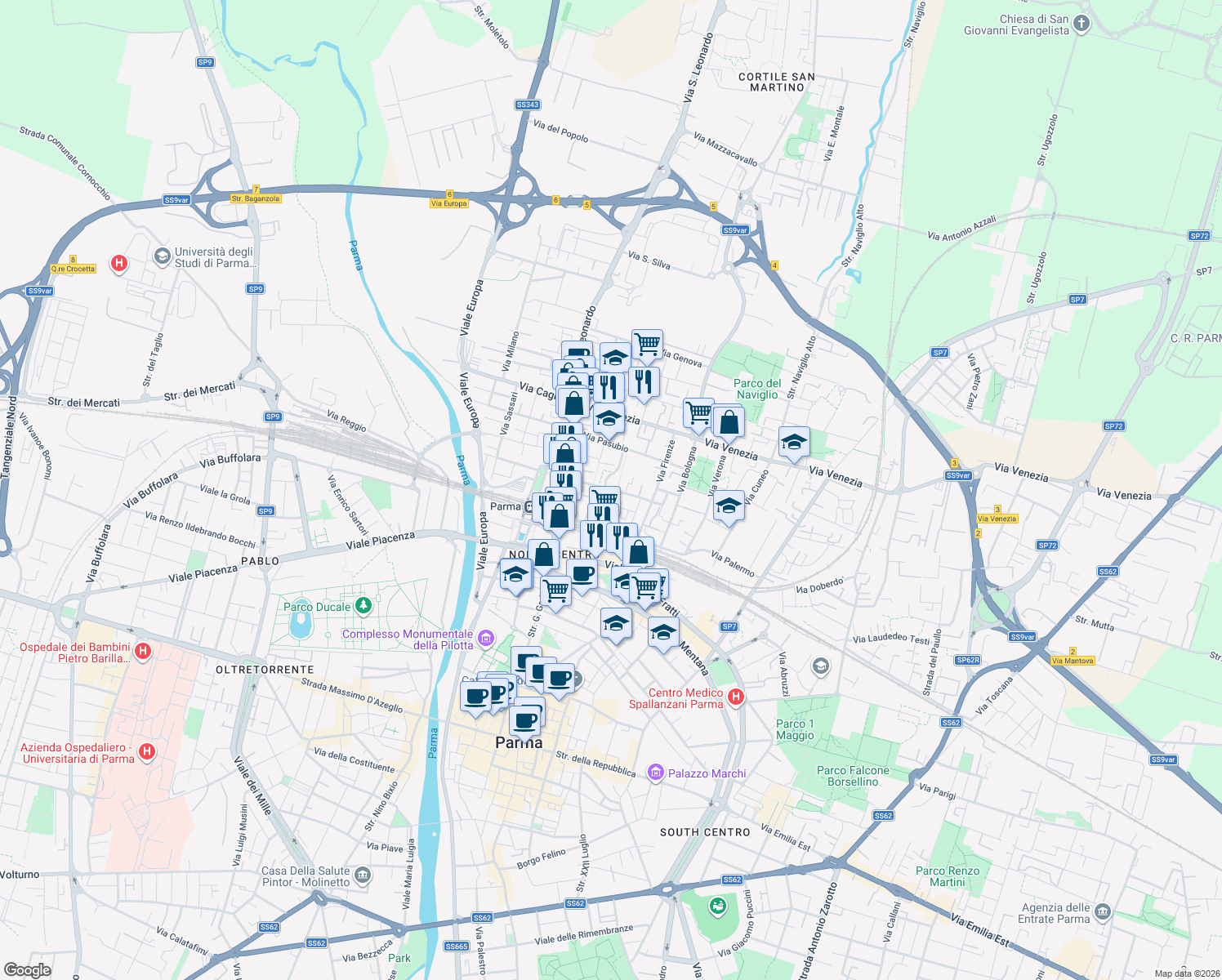 map of restaurants, bars, coffee shops, grocery stores, and more near 12 Via Brescia in Parma