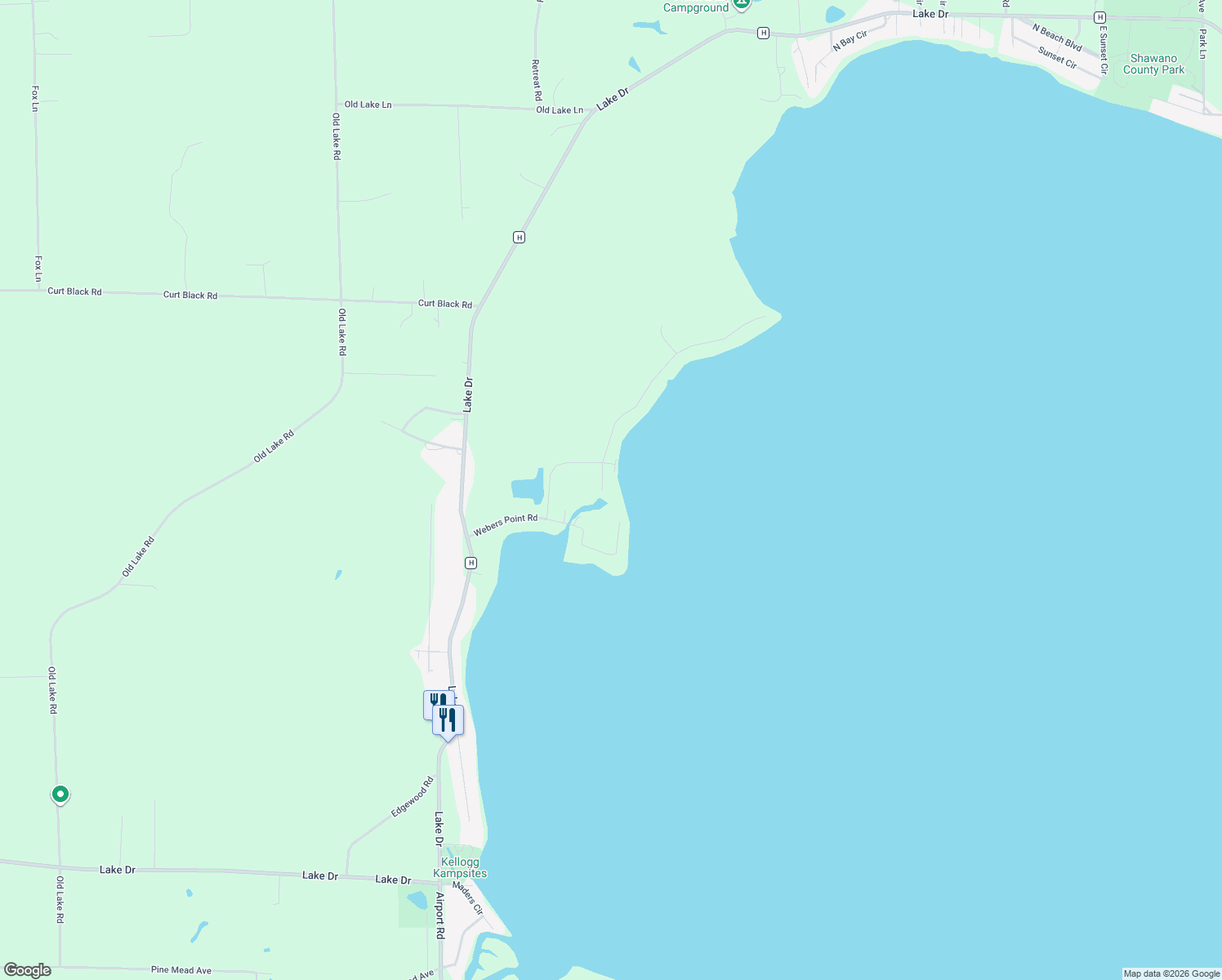 map of restaurants, bars, coffee shops, grocery stores, and more near N6104 Cattau Beach Court in Shawano