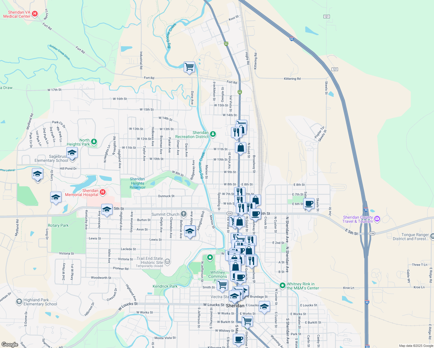 map of restaurants, bars, coffee shops, grocery stores, and more near 1274 Spaulding St in Sheridan
