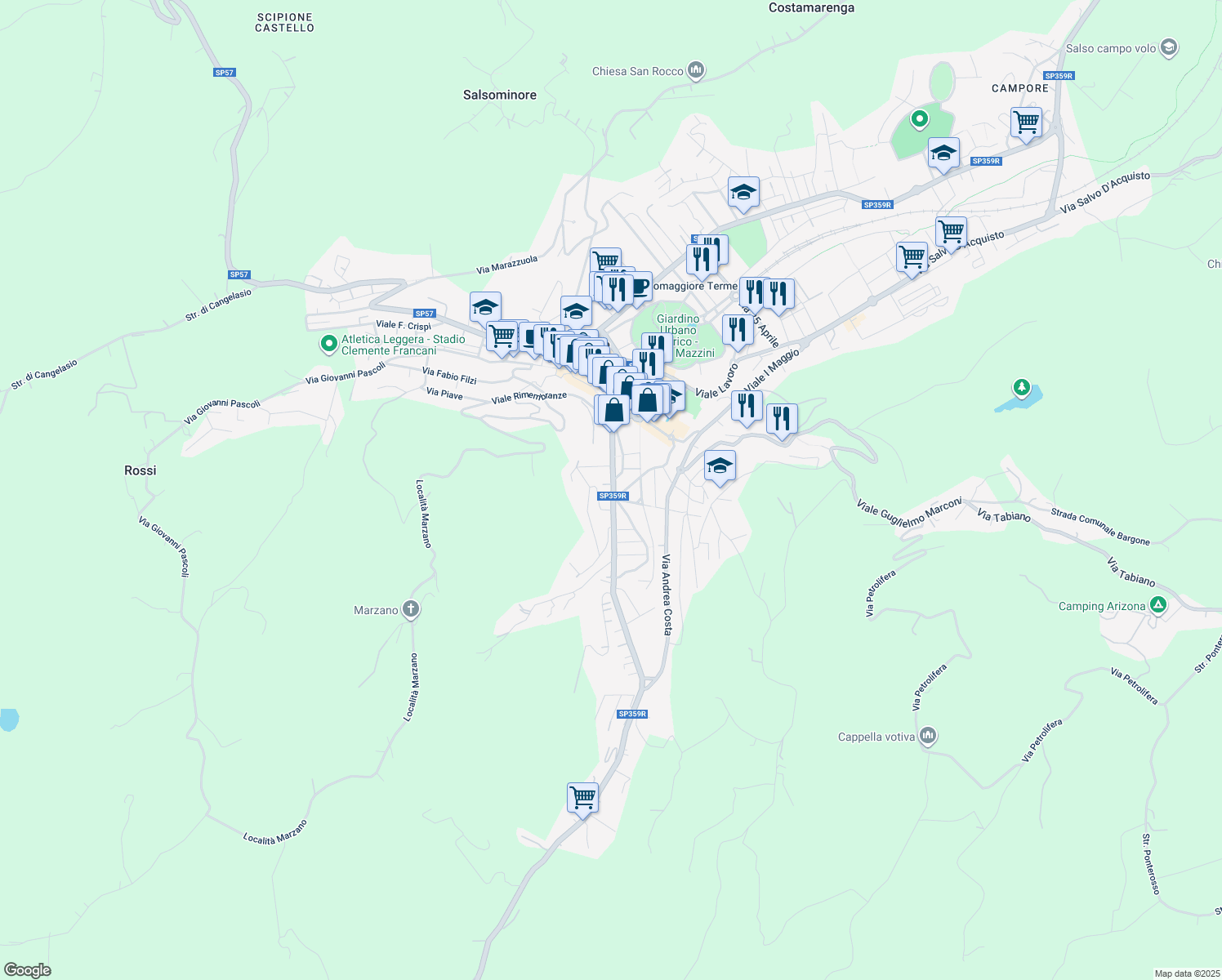map of restaurants, bars, coffee shops, grocery stores, and more near 40 Via Milano in Salsomaggiore Terme