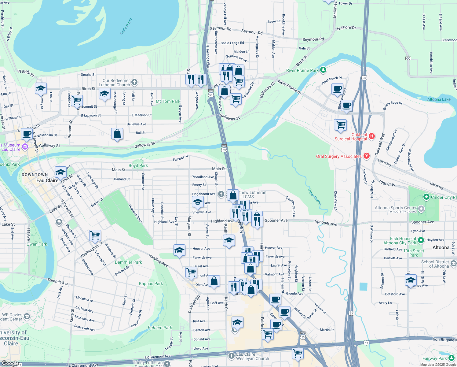 map of restaurants, bars, coffee shops, grocery stores, and more near 2008 Emery Street in Eau Claire