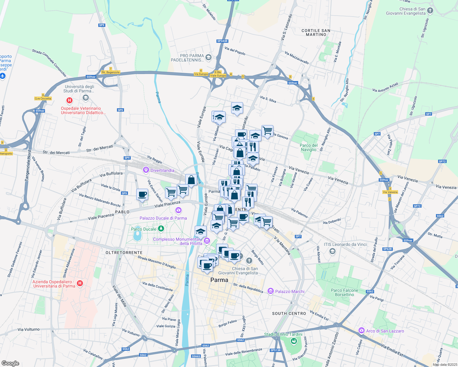 map of restaurants, bars, coffee shops, grocery stores, and more near 31 Viale Paolo Borsellino in Parma