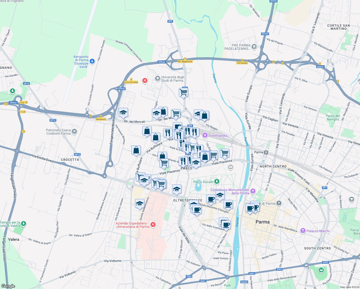 map of restaurants, bars, coffee shops, grocery stores, and more near 59 Viale la Grola in Parma
