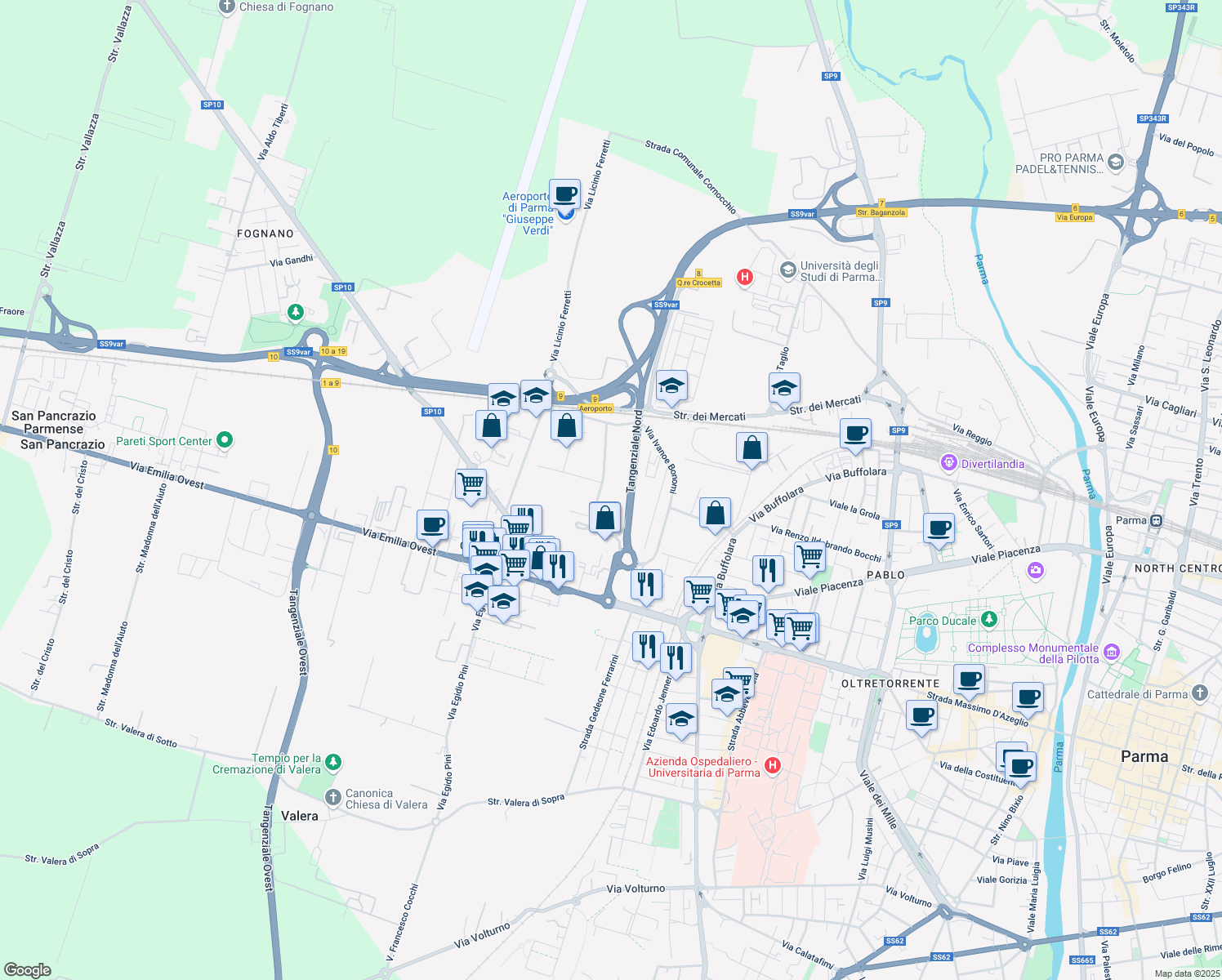 map of restaurants, bars, coffee shops, grocery stores, and more near 22 Via Giorgio Sonnino Sidney in Parma
