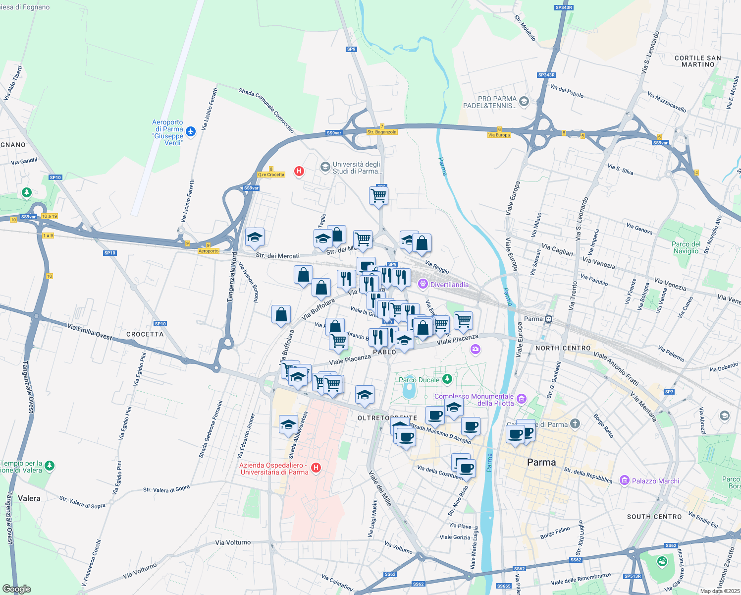 map of restaurants, bars, coffee shops, grocery stores, and more near 59 Viale la Grola in Parma