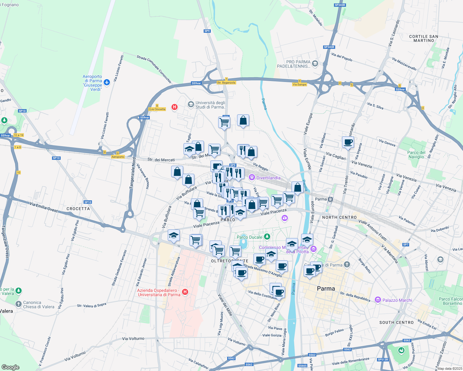 map of restaurants, bars, coffee shops, grocery stores, and more near 8-12 Via B e Latino Barilli Cecrope in Parma