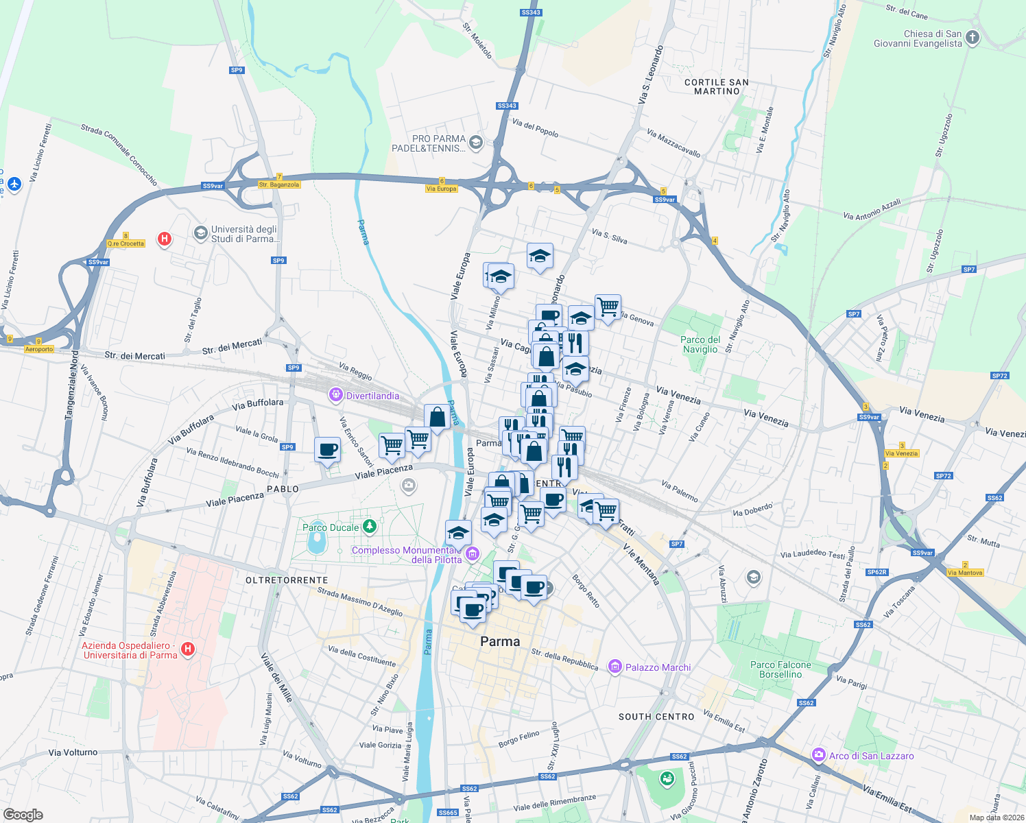 map of restaurants, bars, coffee shops, grocery stores, and more near 31 Viale Paolo Borsellino in Parma