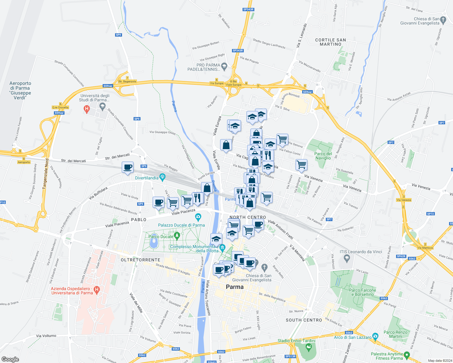 map of restaurants, bars, coffee shops, grocery stores, and more near 12 Via Brennero in Parma