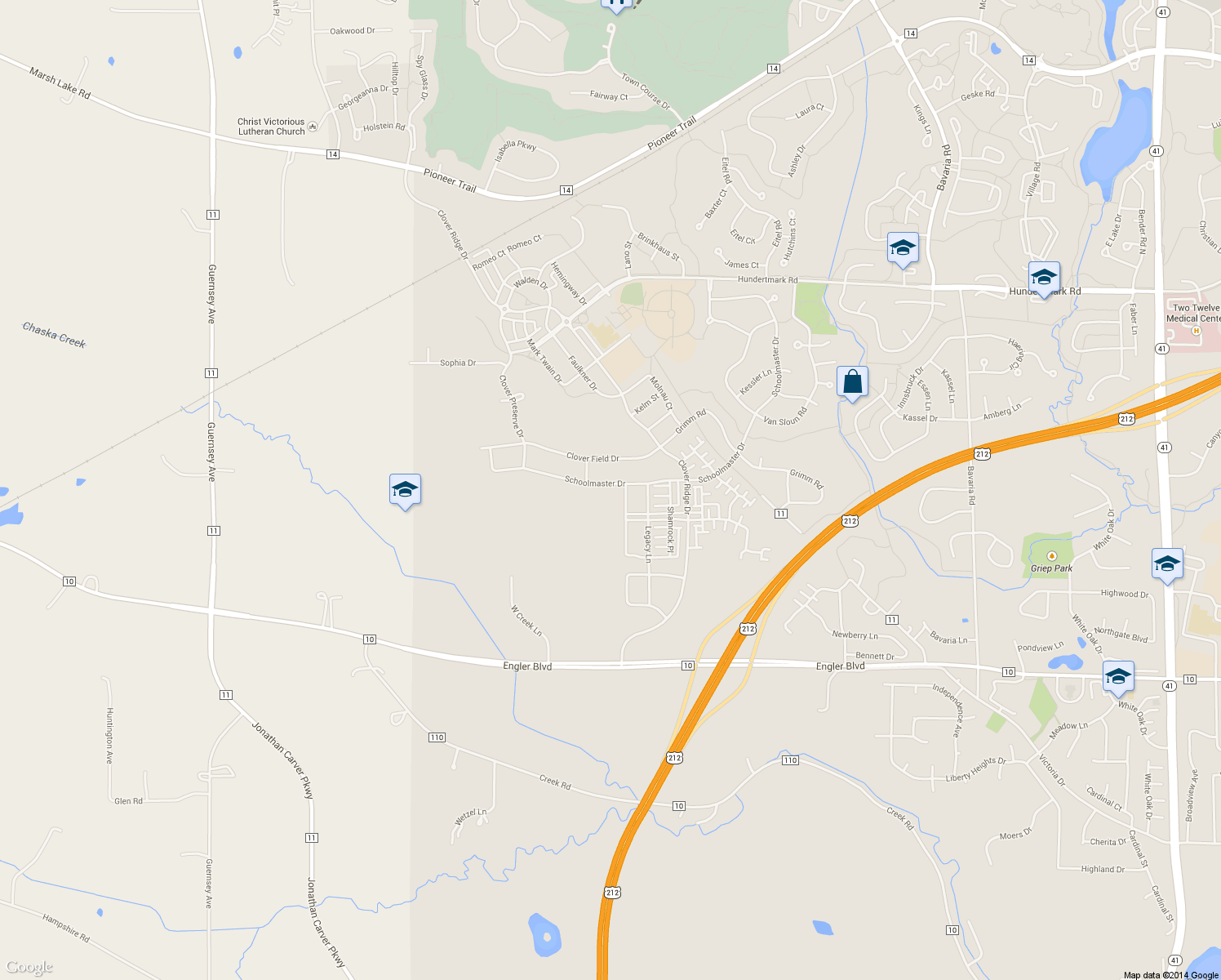 map of restaurants, bars, coffee shops, grocery stores, and more near 2021 Schoolmaster Drive in Chaska
