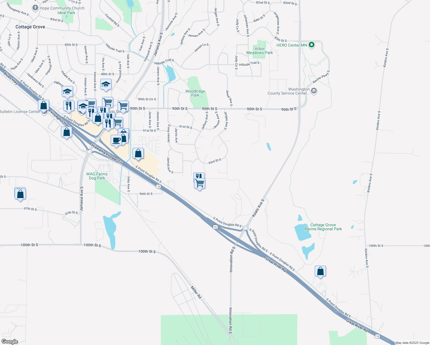 map of restaurants, bars, coffee shops, grocery stores, and more near 9440 Jergen Place South in Cottage Grove