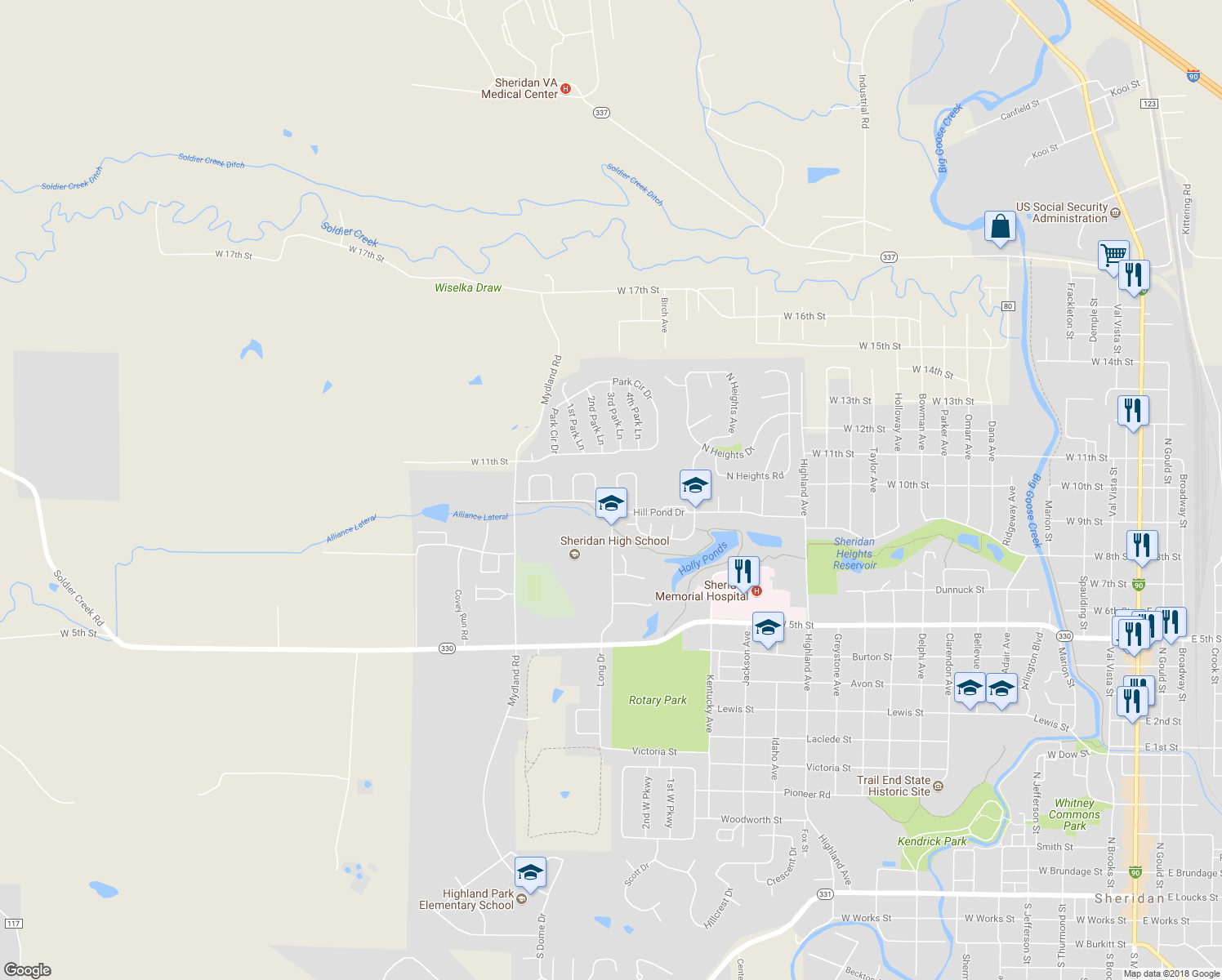 map of restaurants, bars, coffee shops, grocery stores, and more near 1785 Sagebrush Drive in Sheridan